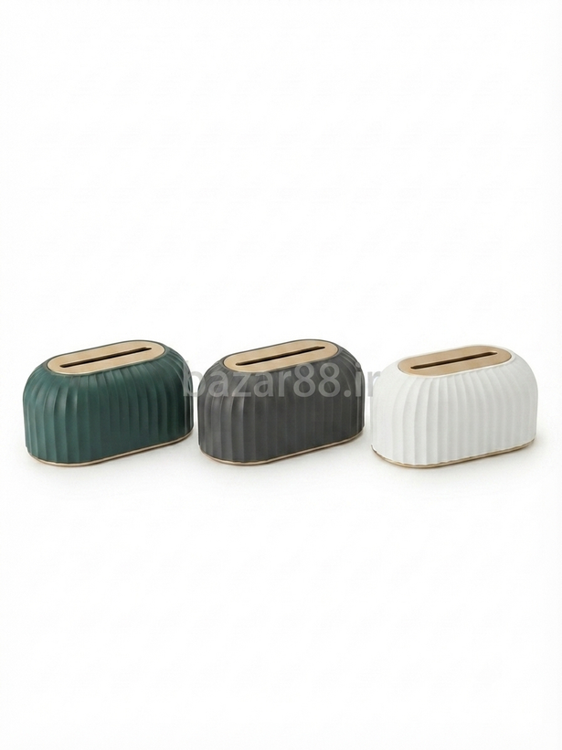 جا دستمال کاغذی رومیزی مدل Striped Tissue Box پلاستیکی ABS شیاردار با حاشیه طلایی در رنگهای سفید، طوسی و سبز یشمی