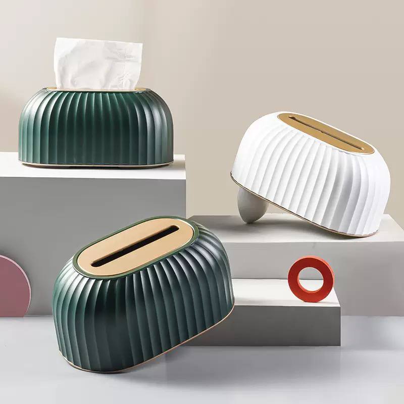 جا دستمال کاغذی رومیزی مدل Striped Tissue Box پلاستیکی ABS شیاردار با حاشیه طلایی در رنگ‌های سفید، طوسی و سبز یشمی