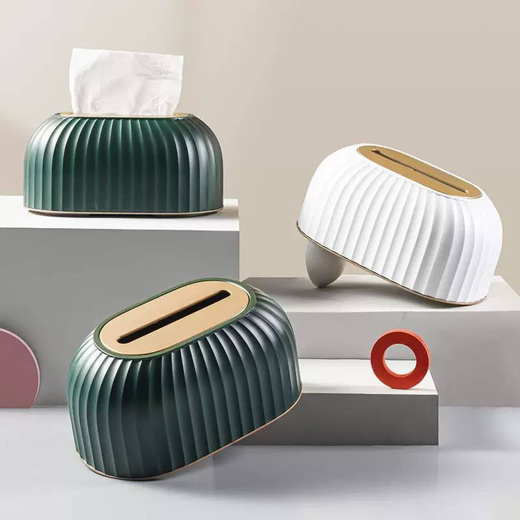 جا دستمال کاغذی رومیزی مدل Striped Tissue Box پلاستیکی ABS شیاردار با حاشیه طلایی در رنگهای سفید، طوسی و سبز یشمی