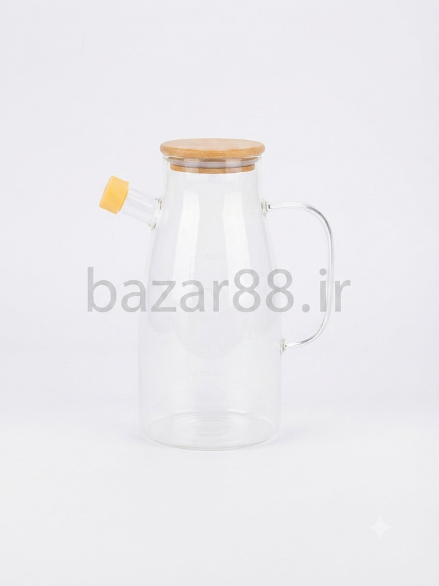 روغنریز پیرکس مدرج ۱ لیتری با درب بامبو، نازل سیلیکونی و دسته شیشهای