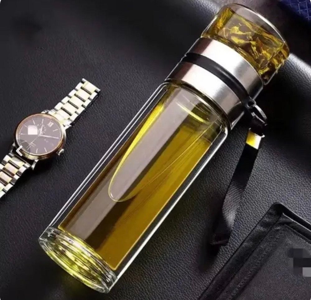 بطری دمنوش شیشه‌ای دوجداره ۶۰۰ میلی‌لیتری با فیلتر استیل و درب استیل بنددار